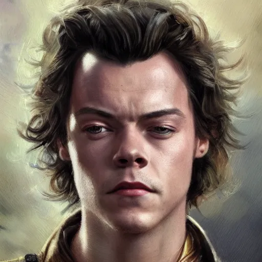 Image similar to the harry styles as a realistic d & d fantasy character, closeup portrait art by donato giancola and greg rutkowski, vintage retro, realistic face, digital art, trending on artstation, symmetry!!