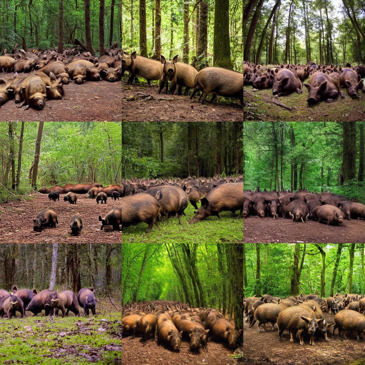 Prompt: a trap camera photo of a big group of wild boars in a forest, real, photography,