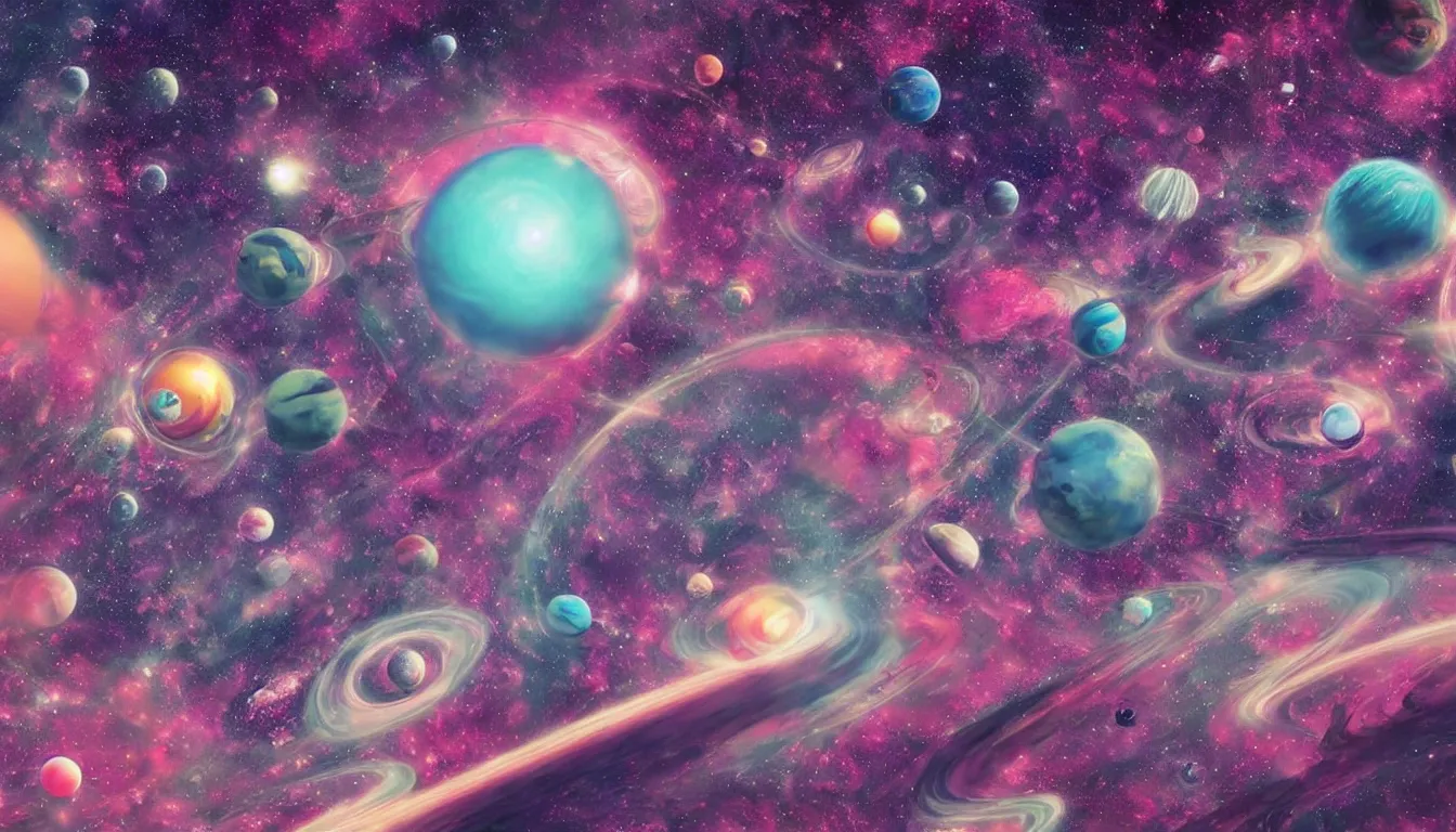Image similar to space, planets, psychedelic, vaporwave