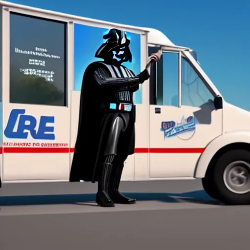 Image similar to darth vader ordering ice cream from an ice - cream truck, high definition, unreal engine rendering