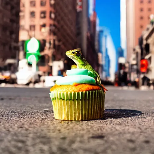 Prompt: a lizard eating a cupcake in new york city, sunny day, american dream, hyper realistic