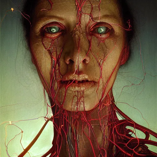 Image similar to portrait of a woman, glowing veins, plastic, glowing eyes, flat background, Masterpiece, glowing, wires everywhere, by Edgar Maxence and Ross Tran, Zdzisław Beksiński, and Michael Whelan, distant, gustav dore, H.R. Giger, 8k, octane render