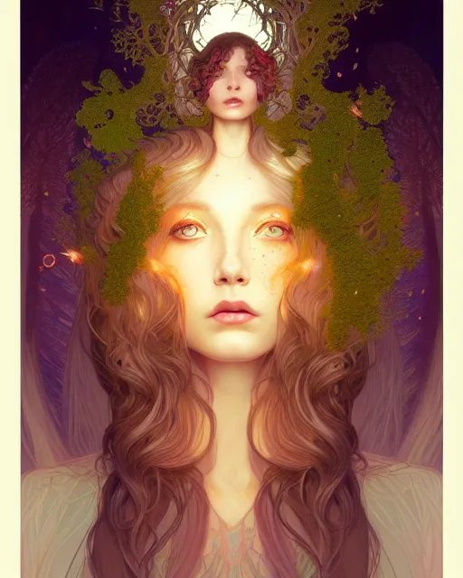 Image similar to symmetry portrait of moss princess, glam, fae, fireflies, forest background, intricate, elegant, highly detailed, digital painting, artstation, concept art, smooth, sharp focus, illustration, art by artgerm and greg rutkowski and fra angelico and alphons mucha