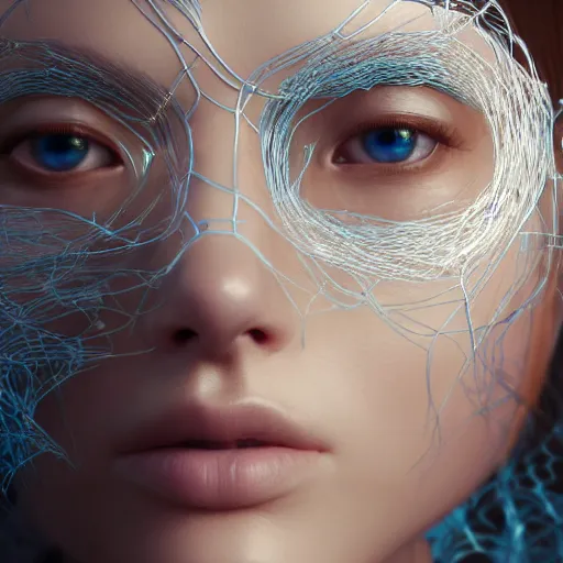 Image similar to intricate highly detailed face portrait of asian - european woman, light blue transparent metal vines on her face, intricate, cgsociety, unreal engine, octane render, sharp focus, smooth, volumetric lighting, cinematic composition, artstation