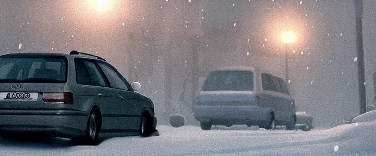 Image similar to Audi A4 B6 Avant (2002), a gritty neo-noir, dramatic lighting, cinematic, eerie person silhouette, death, homicide, homicide in the snow, gunshots, establishing shot, extremely high detail, photorealistic, cinematic lighting, artstation, by simon stalenhag, Max Payne (PC) (2001) winter new york at night, Max Payne 2 graphic novel style, flashing lights, Poets of the Fall - Late Goodbye