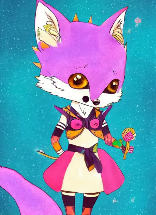 Prompt: A vintage painted illustration of an adorable chibi rogue fox anime girl in the style of Lisa Frank Babs Tarr Hantine Hsu sitting in a couture leather and spike vest that has skulls on it