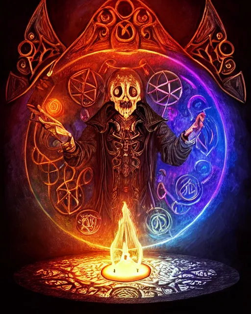 Prompt: photorealistic digital painting of floating demonic mage casting magic, surrounded with glowing runes in the middle of dark room, vibrant colors, gothic, horror, high production value, intricate details, high resolution, hdr, high definition, masterpiece, realistic, ultrarealistic, highly detailed, hd, sharp focus, non blurry, sharp, smooth