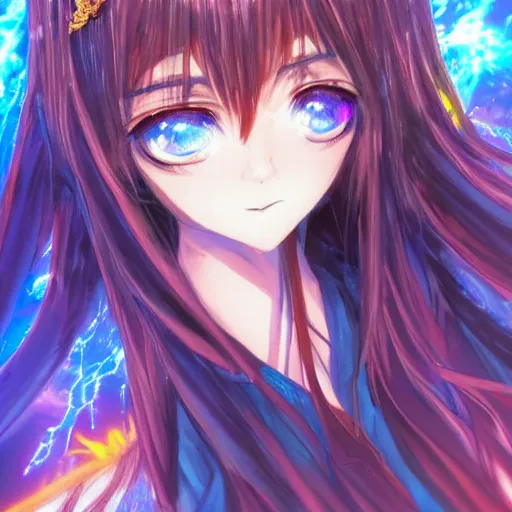 Image similar to a teenage anime girl wearing a very high detailed dress made out of blue fire , full body, very long black/red hair, one yellow and one blue eye, intense stare, cinematic lighting, medium shot, MCU, trending on artstation, CSP, Photoshop, WLOP, Rossdraws, James Jean, Andrei Riabovitchev, Marc Simonetti, Anastasia Ovchinnikova and Sakimichan