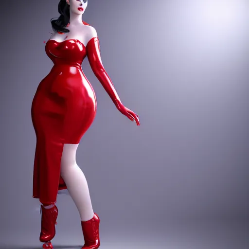 Image similar to a curvy feminine pale goth cutie wearing an elegant elaborate tight latex-nylon-leather red-black tube gown, thin-waist, cgsociety, photorealistic, sublime-comforting ambience, 16k, smooth, sharp focus, trending on ArtStation, volumetric lighting, worksafe