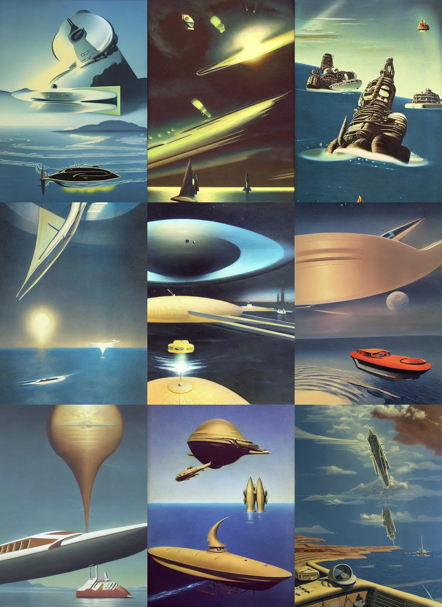 Prompt: a painting of a boat in the water, a surrealist painting by chesley bonestell, deviantart, retrofuturism, sci - fi, futuristic, concept art
