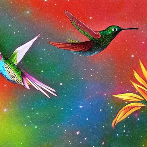 Prompt: humming birds flying through space in the style of a rush album
