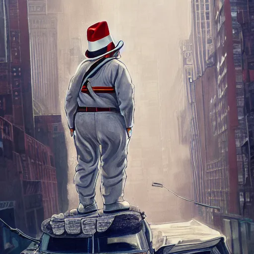 Image similar to the ghostbusters marshmallow man wearing timberlands and a yankee hat smoking a joint walking threw new york city, highly detailed portrait, digital painting, artstation, concept art, smooth, sharp foccus ilustration, artstation hq
