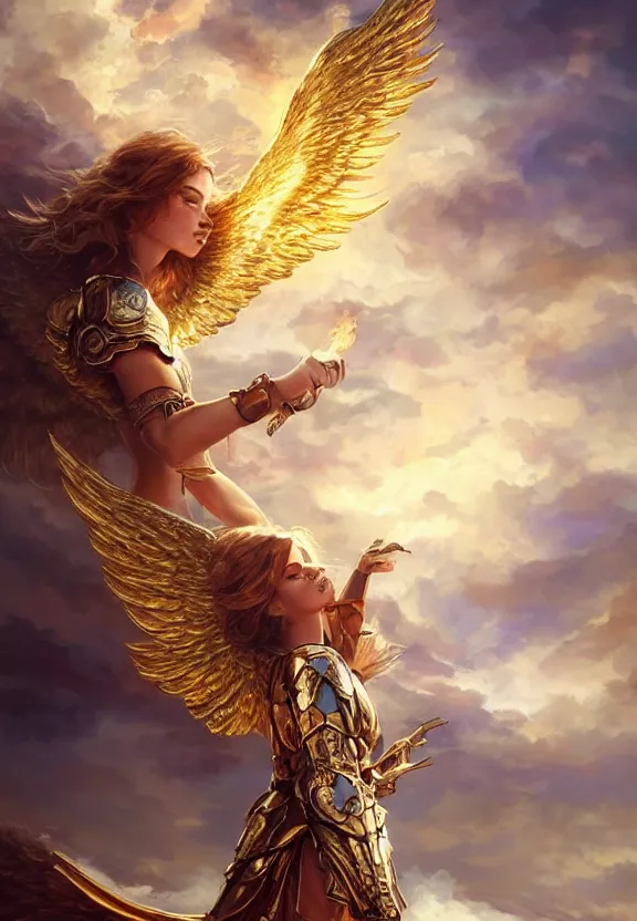 Image similar to A beautiful fierce angel with wings, wearing metal battle armor and a flaming sword, among heavenly sunlit clouds, intricate, elegant, digital painting, golden hour photography, profile shot, trending on artstation, concept art, smooth, sharp focus, realism, illustration, art by artgerm and Greg Rutkowski and Alphonse Mucha
