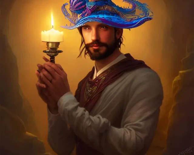 Image similar to a mind - blowing portrait of a fortune seeker male, holding a candle holder, wearing a silly hat, aquatic clothing, intelligent, deep focus, d & d, fantasy, intricate, elegant, highly detailed, digital painting, artstation, concept art, matte, sharp, illustration, hearthstone, art by artgerm and greg rutkowski and alphonse mucha