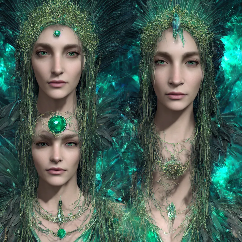 Prompt: wiccan high priestess with angelic face, super fine details and intricate jewelry with feathers and crystals, ethereal, in deep clear emerald water, divine realm of gods, solarpunk realistic cinematic style, filmed in 70mm, volumetric lighting, octane render, photographic, concept art, artist Leonardo DaVinci, unreal engine, 8k