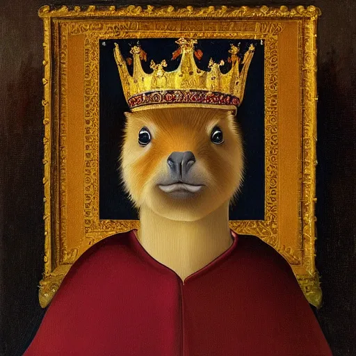 Image similar to “An oil painting portrait of a capybara wearing medieval royal robes and an ornate crown on a dark background”