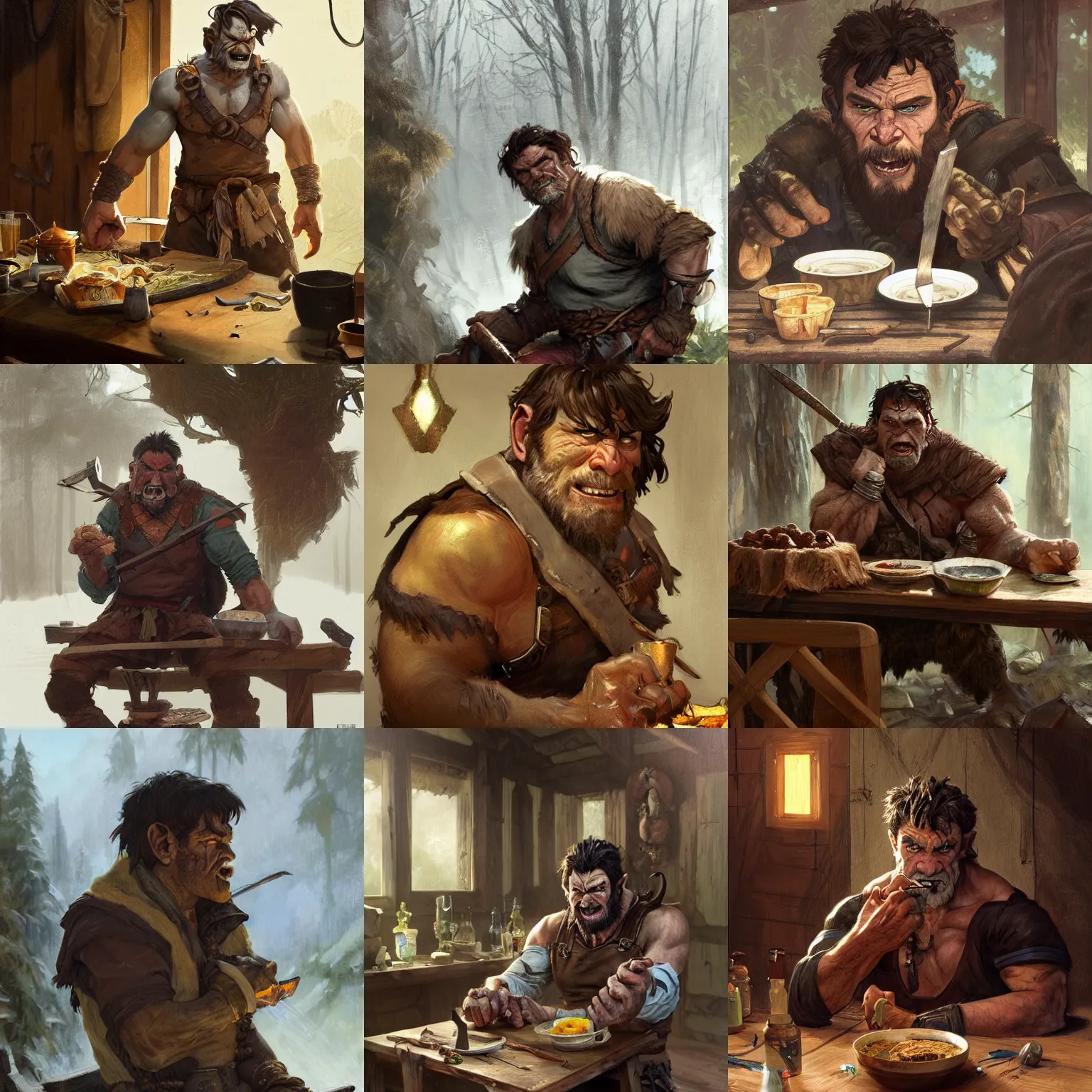 Prompt: a ruggedly handsome half - orc fighter with short brown hair sitting at a wooden table in a cabin eating stew, fantasy, highly detailed, digital painting, artstation, concept art, character art, art by greg rutkowski and tyler jacobson and alphonse mucha