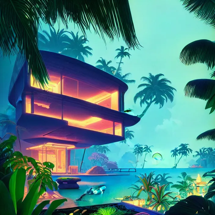 Image similar to a luminescent tropical cottage by paolo eleuteri serpieri and tomer hanuka and chesley bonestell and daniel merriam and tomokazu matsuyama, unreal engine, high resolution render, featured on artstation, octane, 8 k, highly intricate details, vivid colors, vector illustration