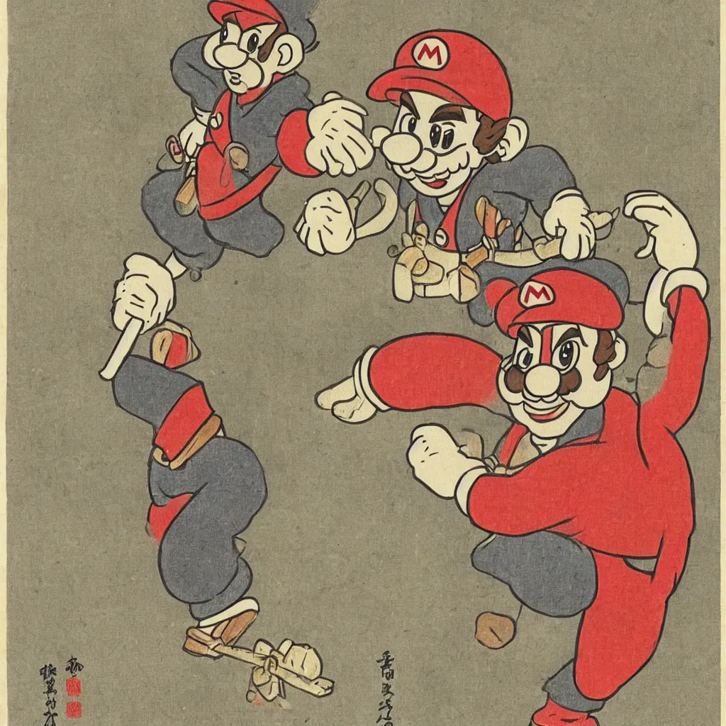 Prompt: Mario depicted as an Edo-era illustration