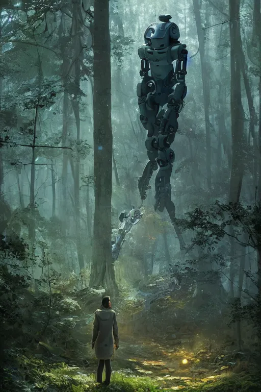 Image similar to A small character standing before a robot in the forest by Greg Rutkowski, Sung Choi, Mitchell Mohrhauser, Maciej Kuciara, Johnson Ting, Maxim Verehin, Peter Konig, final fantasy , 8k photorealistic, cinematic lighting, HD, high details, atmospheric,