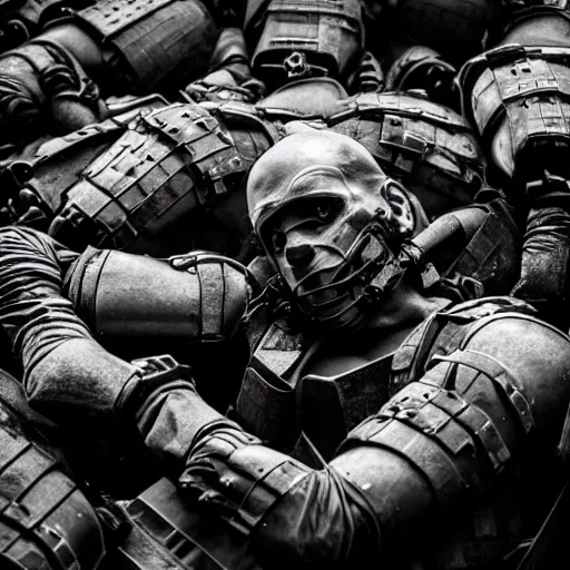 Image similar to Dramatic photo of a dying British mercenary wearing grey modern body armor holding a grenade while surrounded by corpses, photo by Adam Ferguson, Pulitzer Winning, cinematic composition, breathtaking, modern, 2022