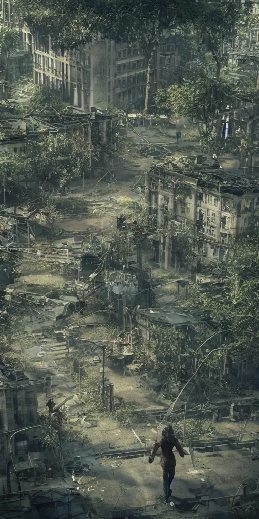 Image similar to an abandoned overgrown city, small amount of zombies lurking around, windows broken, big solo traveller walking in the middle, highly detailed, realistic, asymmetrical, octane render, cinematic, sharp focus