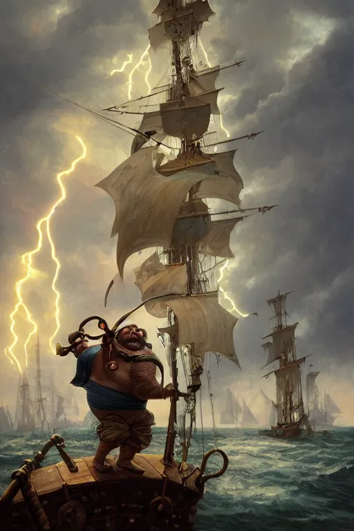 Image similar to mid shot portrait of an obese fat pirate with two peglegs and two hook hands steering a wooden galleon through a rain and lightning storm. view from on deck, sails and masts and rigging, detailed dynamic light painting by peter mohrbacher