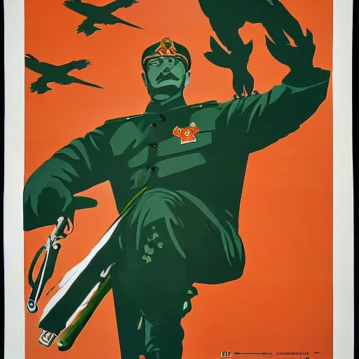 Image similar to soviet propaganda poster depicting a dromaius novaehollandiae in military uniform