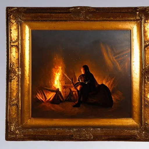 Prompt: an oil painting of a knight, sitting by a campfire at night, highly detailed