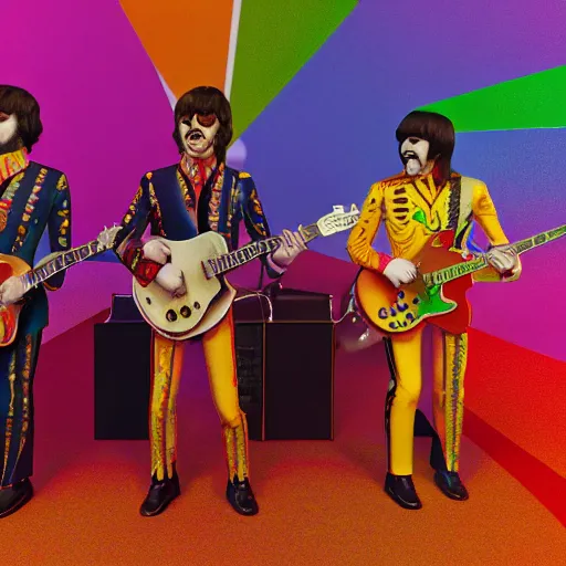 Image similar to The Beatles, Sgt Peppers era, rendered in octane, rendered in vray, rendered in Arnold, insanely detailed, photorealistic, cinematic, global illumination