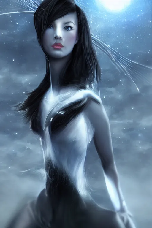 Prompt: beautiful hyper realistic, moonbow queen, highly detailed, artgerm, artstation, deviantart, black, malicious, dark, extreme closeup three-quarter android portrait, tilt shift LaGrange point orbit background, three point perspective, focus on portrait of two androids; pointé pose; eye contact, kinemacolor, soft lighting