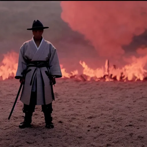 Image similar to cinematic film still Pharrell Williams starring as a Samurai with fire, Japanese CGI, VFX, 2003, 40mm lens, shallow depth of field,film photography