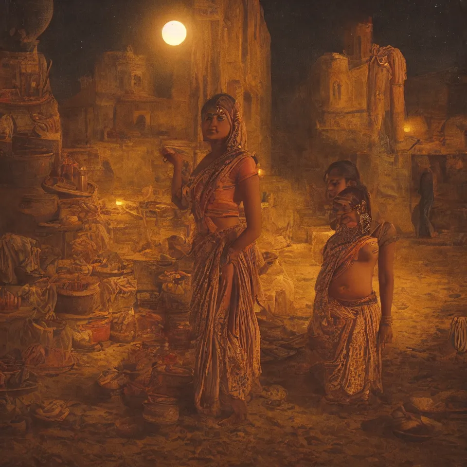 Image similar to young indian woman standing in a spice market at night by the ocean with the moon above, masterful intricate artwork, high detail 8 k