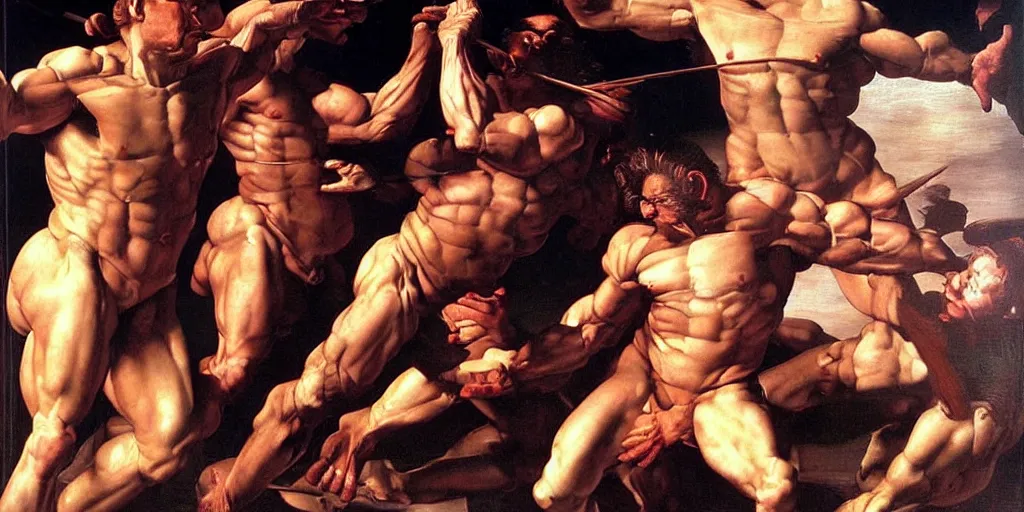 Image similar to hyper muscular centaurs wars, hyper realistic, glossy by caravaggio