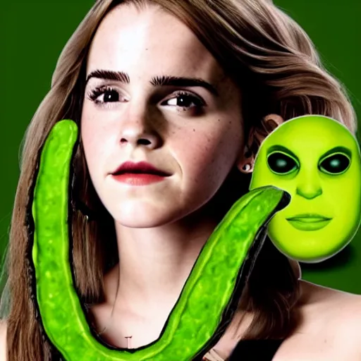 Image similar to photograph of emma watson with green avocado skin, anthropomorphic, photoshop