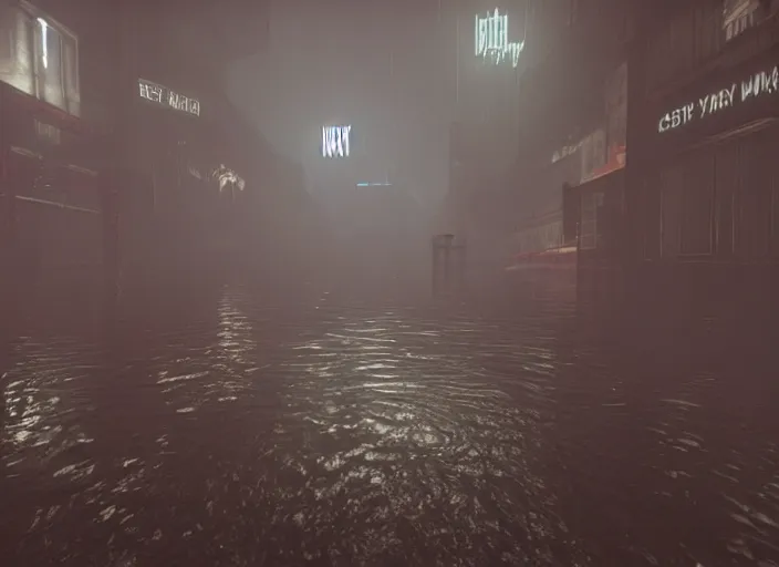 Prompt: dark, misty, foggy, flooded new york city street swamp in Destiny 2, liminal creepy, dark, dystopian, abandoned highly detailed 4k in-game destiny 2 screenshot gameplay showcase