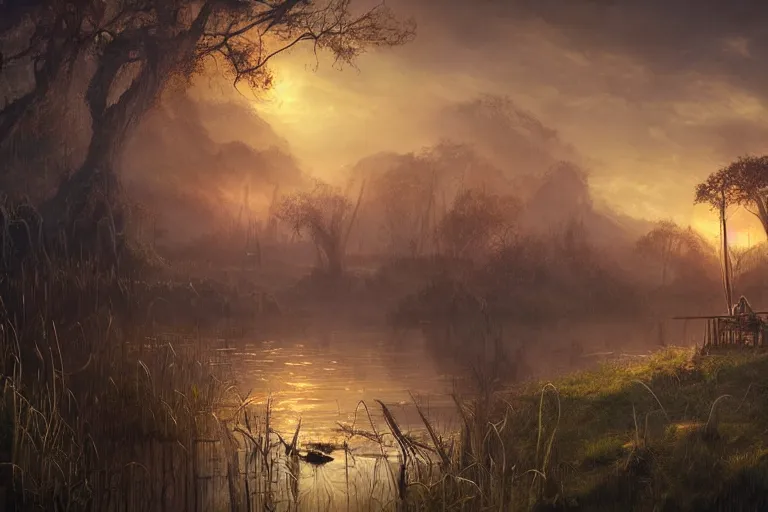 Prompt: fantasy painting, dungeons and dragons, a faerie village, swamp reeds wetland marsh sunset estuary, with ominous shadows, an egret by jessica rossier and brian froud cinematic painting