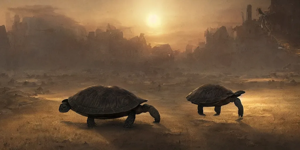 Prompt: a turtle shell city, wandering the empty plains at dawn, ethereal fantasy art by greg rutkowski