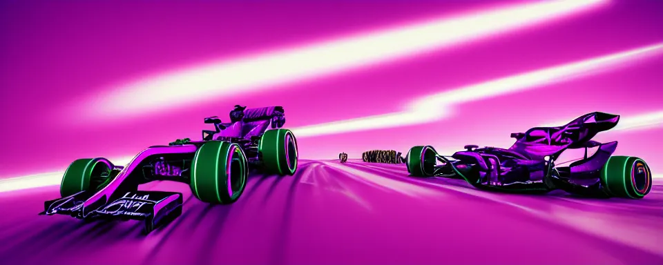 Image similar to abstract illustration of a formula one car, synthwave, purple and pink, motion blur, light streaks, octane render, depth of field