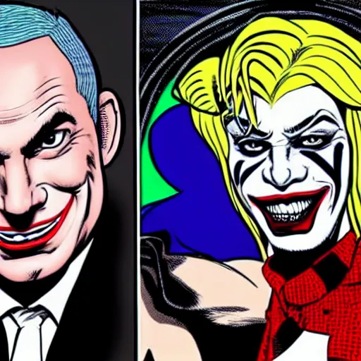 Image similar to portrait of Benjamin Netanyahu as the Joker and Sara Netanyahu as Harley Quinn, Neal Adams style ,Brian Bolland style