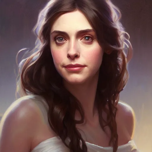 Image similar to a portrait painting of alison brie / anne hathaway / rachel lane hybrid in the oil painting unreal 5 daz. rpg portrait, extremely detailed artgerm greg rutkowski alphonse mucha vladimir volegov