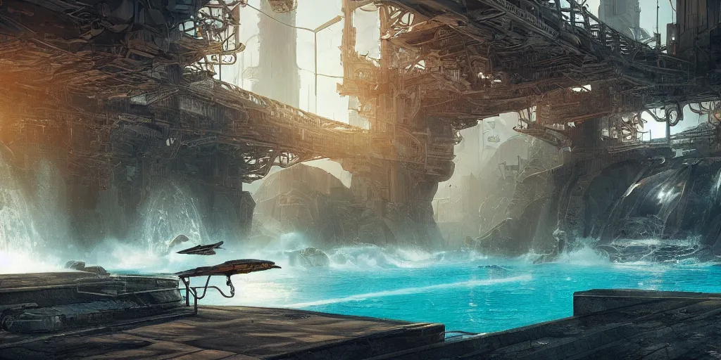 Prompt: alien spacecraft hovering over beautiful pool waterfalls surrounded by alien robots, steel archways, industrial buildings, rusty metal towers, sun setting, ross tran, fantasy, james jean,, cinematic lighting, digital painting, octane render