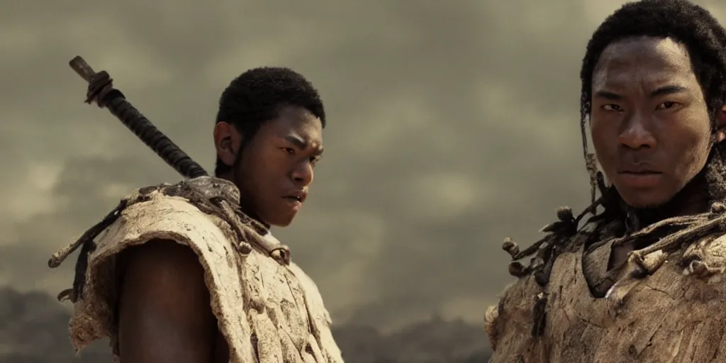 Image similar to a film still of a black boy starring in a japanese blockbuster film as ancient samurai, intense, shallow depth of field, cinematic, award winning cgi, vfx, film still