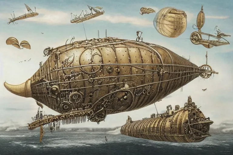 Image similar to a steampunk spelljammer airship by laurie lipton