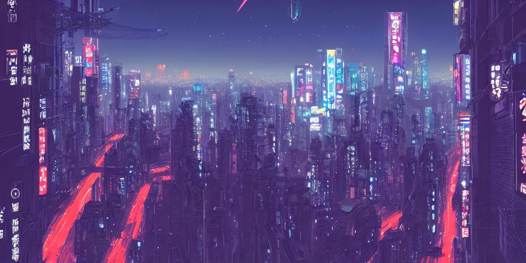 Prompt: City night view of tokyo, cinematic, highly detailed, matte painting, trending on Artstation, Cyberpunk, 8k, by Makoto Shinkai and syd mead and simon stålenhag