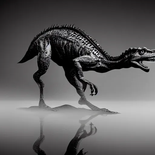Prompt: velociraptor, in swamp, surrounded by fog, ansel adams, in style frazetta, turok dinosar hunter, 8 5 mm lens, in style sin city