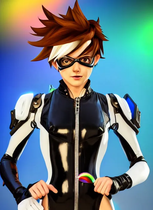 Image similar to portrait bust digital artwork of tracer overwatch, wearing white iridescent rainbow latex and leather straps catsuit outfit, 4 k, expressive happy smug expression, makeup, in style of mark arian, angel wings, wearing detailed black leather collar, chains, black leather harness, detailed face and eyes,