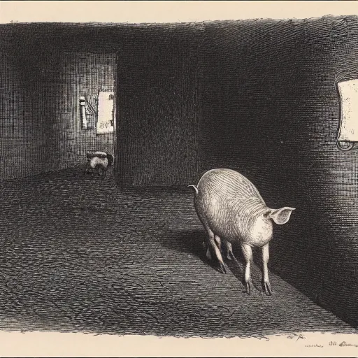 Prompt: pig walking on his hind legs, creepy atmosphere, close-up, illustration by Gustave Doré, Animal Farm by George Orwell