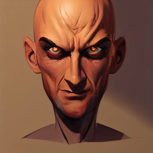 Prompt: bald man with plastic black spike driven through his eyes, flat side facing forward, points coming out back of his head, portrait, behance hd artstation, style of jesper ejsing