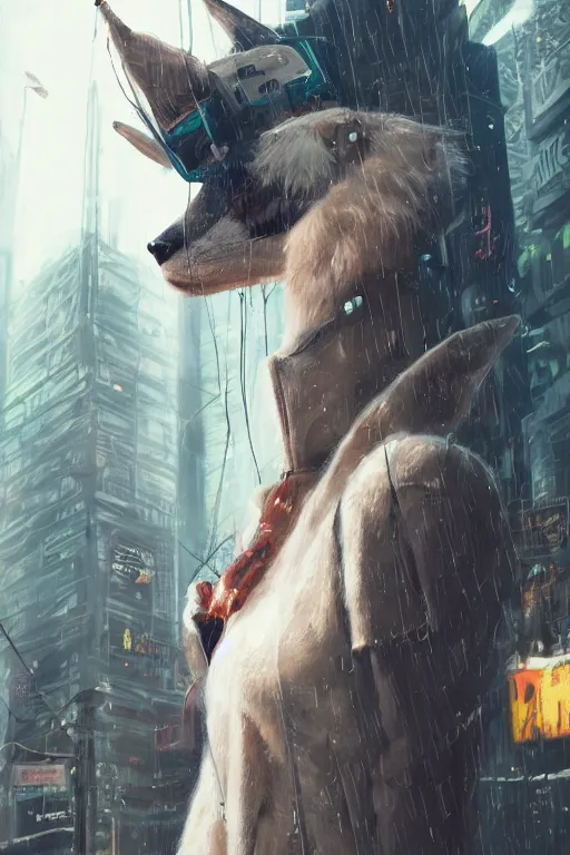 Image similar to beautiful portrait of a tall white female anthro fox smoking a cigarette towering head and shoulders above the bustling crowd of a rainy city street around her, cyberpunk clothes, cyberpunk, harsh neon lights, highly detailed, sharp focus, digital painting, illustration, trending on artstation, art by sakimichan, wlop, greg rutkowski